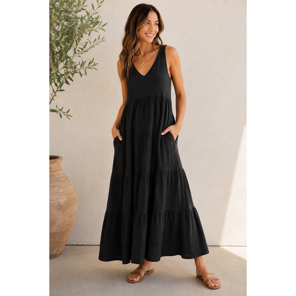Marine Layer Black 100% Cotton Tiered Maxi Dress Small Coastal Pockets